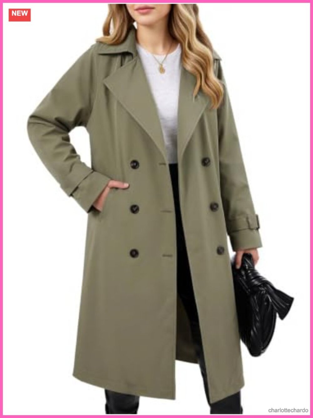 Double Breasted Long Trench Coat with Belt - Windproof Polyester